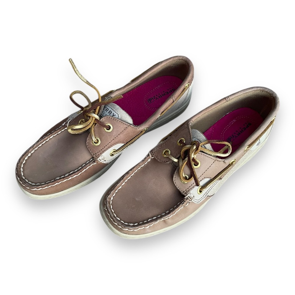Sperry Top-Sider Bluefish Mauve Leather Glitter Boat Shoes Gold Metallic Accent